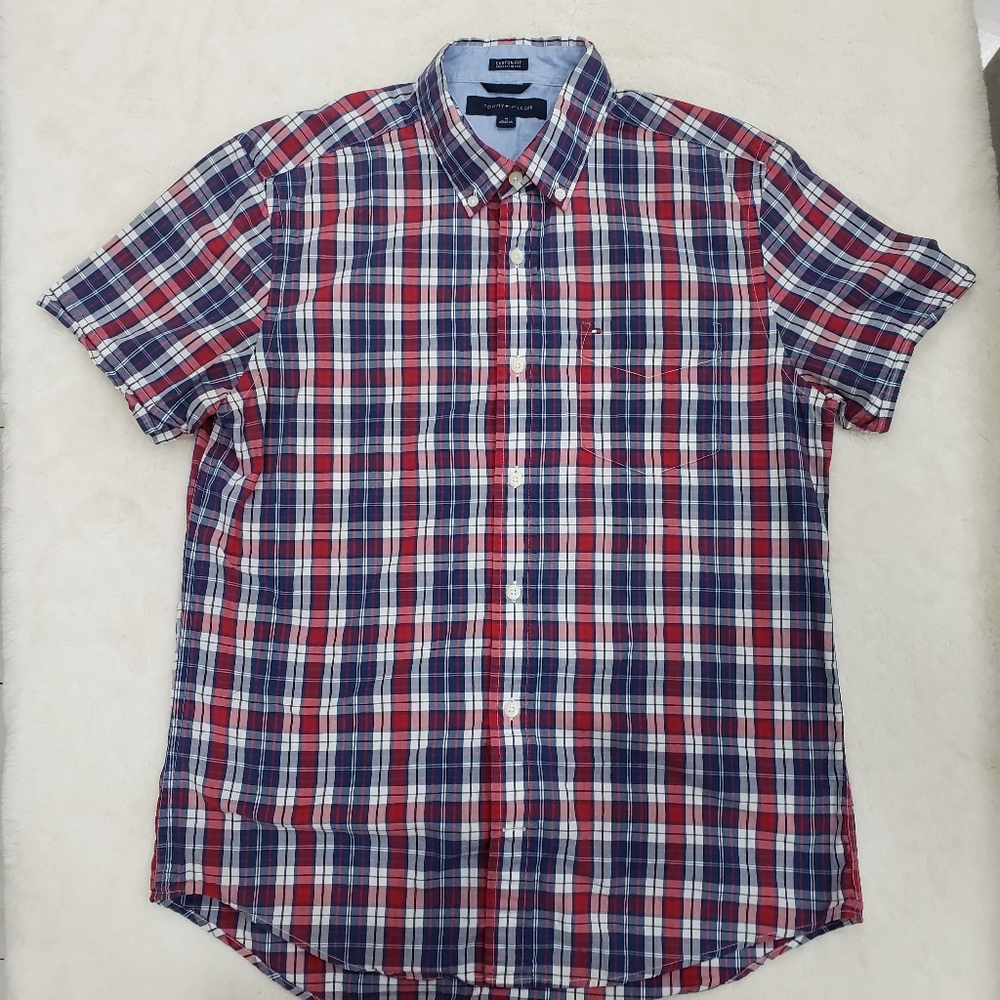 Tommy Hilfiger Casual Button Down Shirt in Red White and Blue Plaid